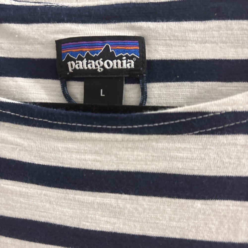 Patagonia Seatoller Dress Blue White Nautical Stripes 3/4 sleeve Size L - Picture 3 of 5